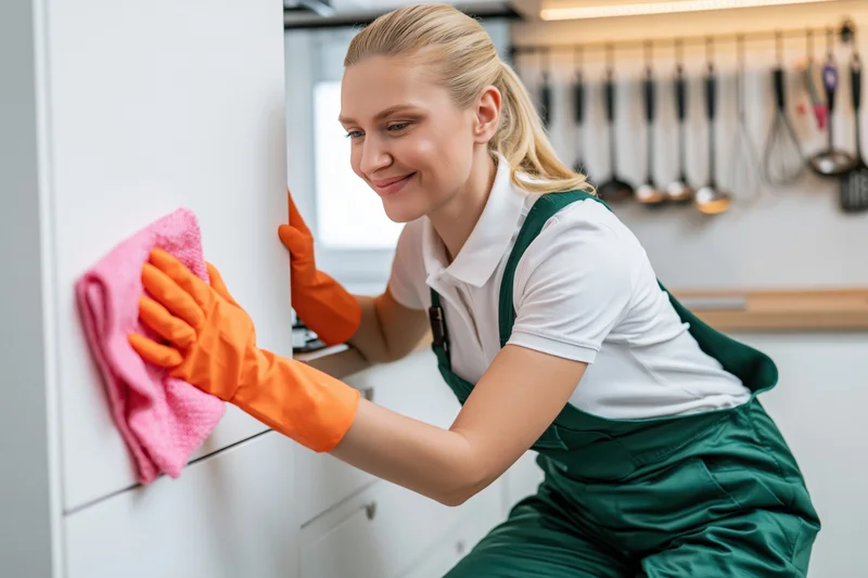 Young woman in green apron and orange gloves wiping white kitchen cabinet with pink cloth while kneeling