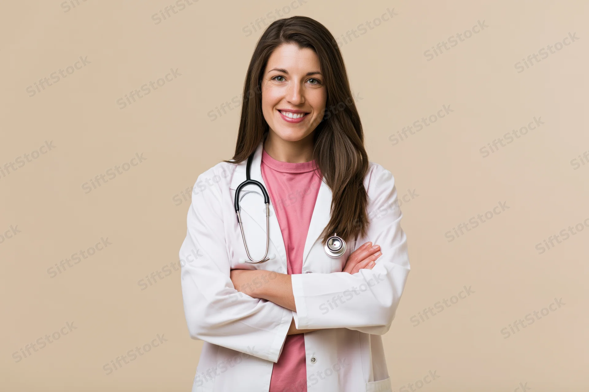 Woman doctor smiling with arms crossed wearing white coat and stethoscope against beige background