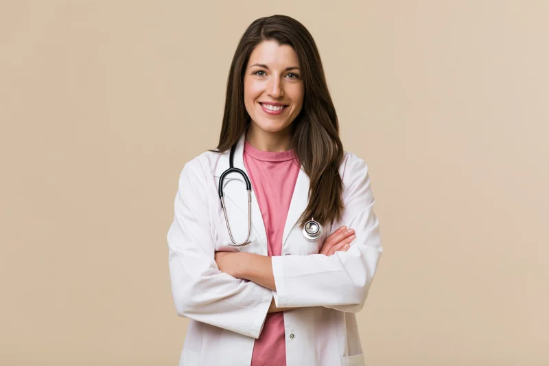 Woman doctor smiling with arms crossed wearing white coat and stethoscope against beige background