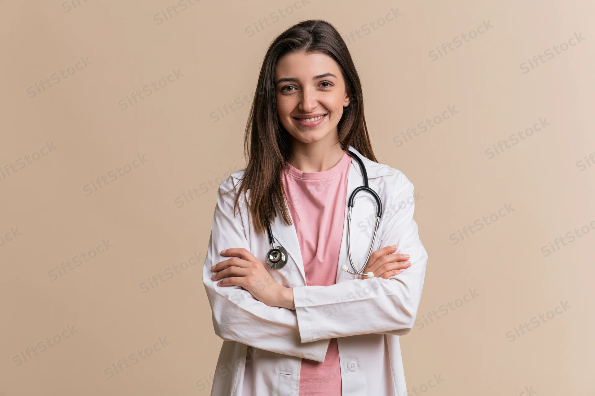 Young woman doctor smiling with arms crossed wearing white coat and stethoscope against beige background