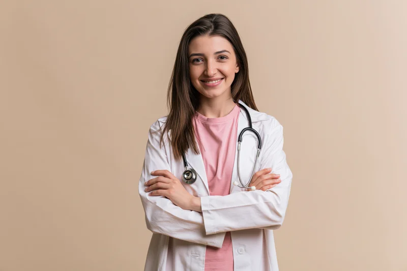 Young woman doctor smiling with arms crossed wearing white coat and stethoscope against beige background