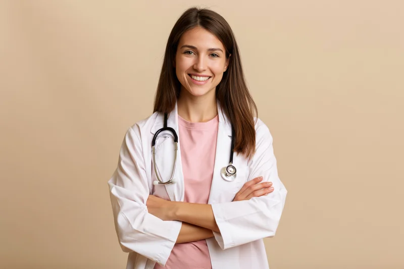 Young woman doctor smiling with arms crossed in white coat against beige background