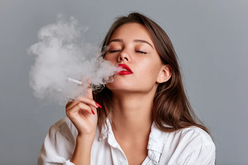 Woman exhaling thick smoke from cigarette in studio portrait