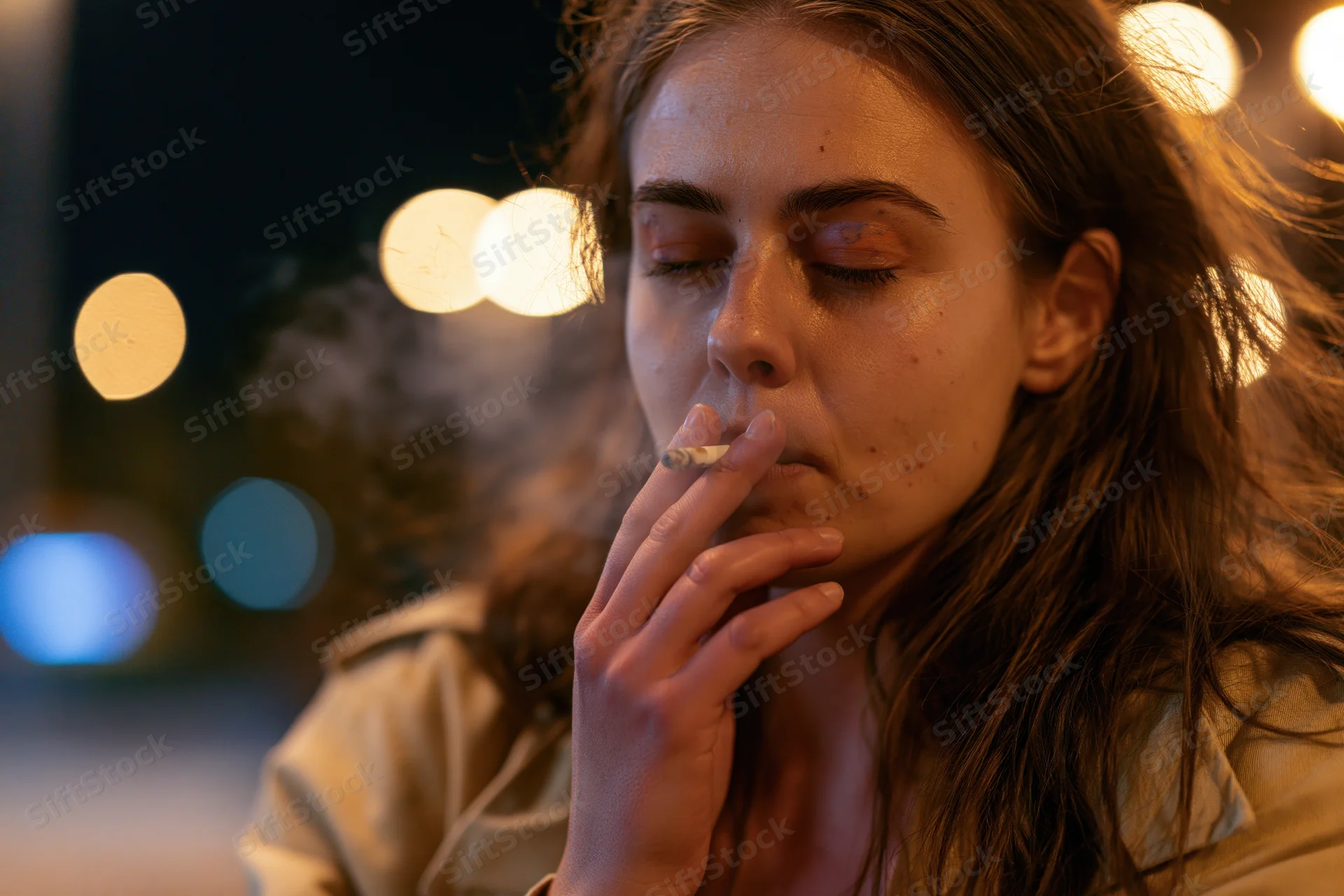 Young woman exhaling cigarette smoke at night with eyes half-closed in an urban setting