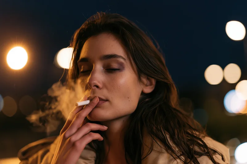Woman exhaling cigarette smoke at night with eyes half-closed in city lights