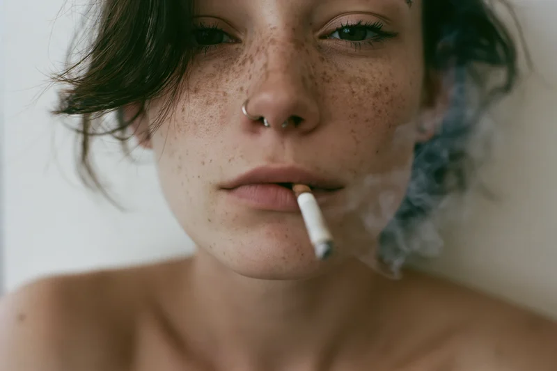 Young woman with freckles and nose piercing smoking a cigarette indoors, close-up portrait showing smoke and bare shoulders