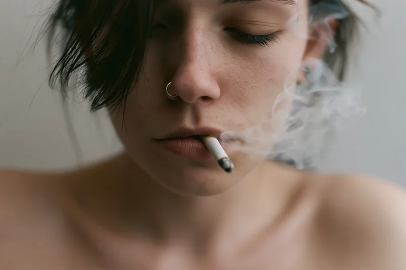Young woman smoking a cigarette with smoke curling from her lips, close-up portrait indoors