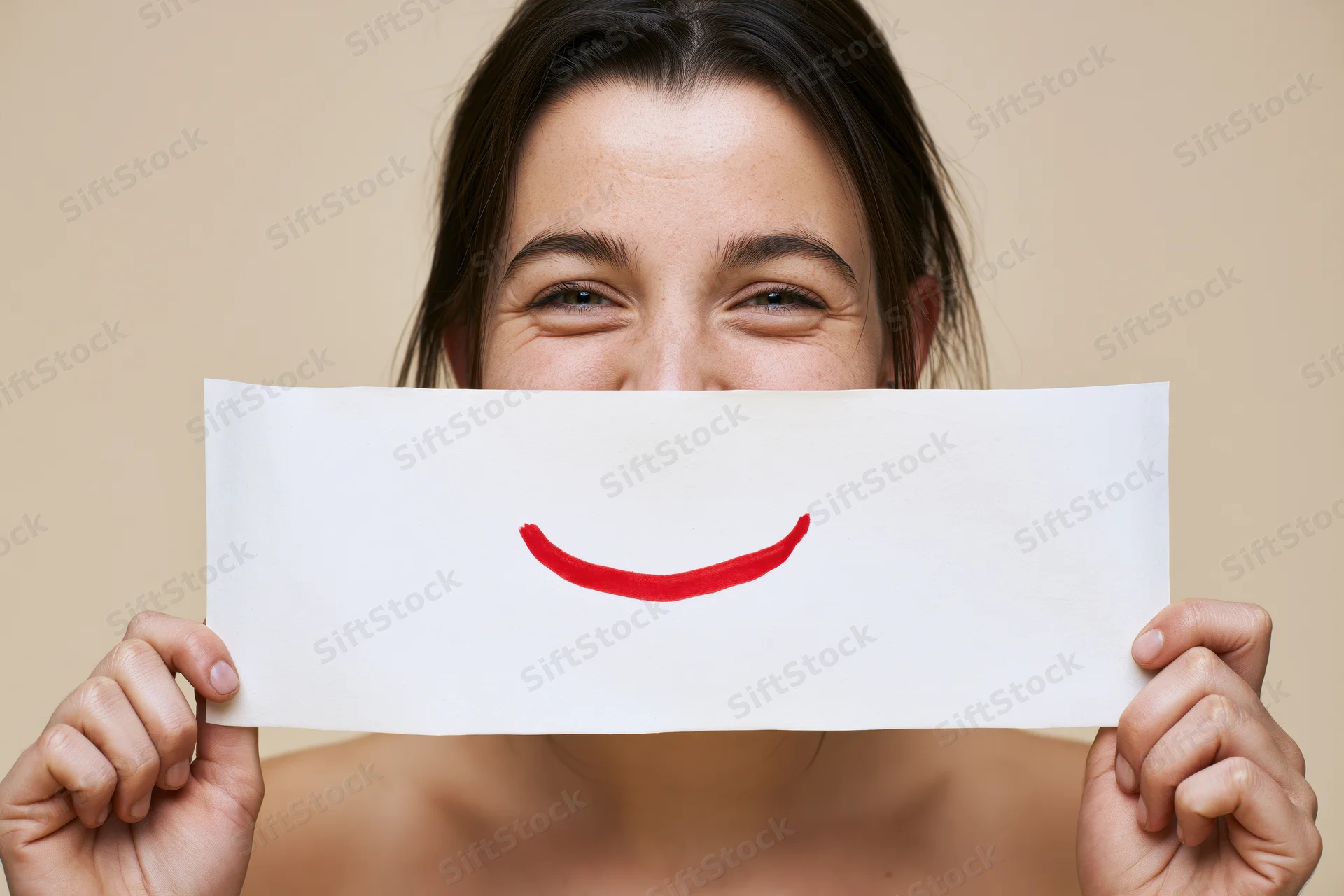 Young woman holding white paper with red smile drawn on it in front of her face