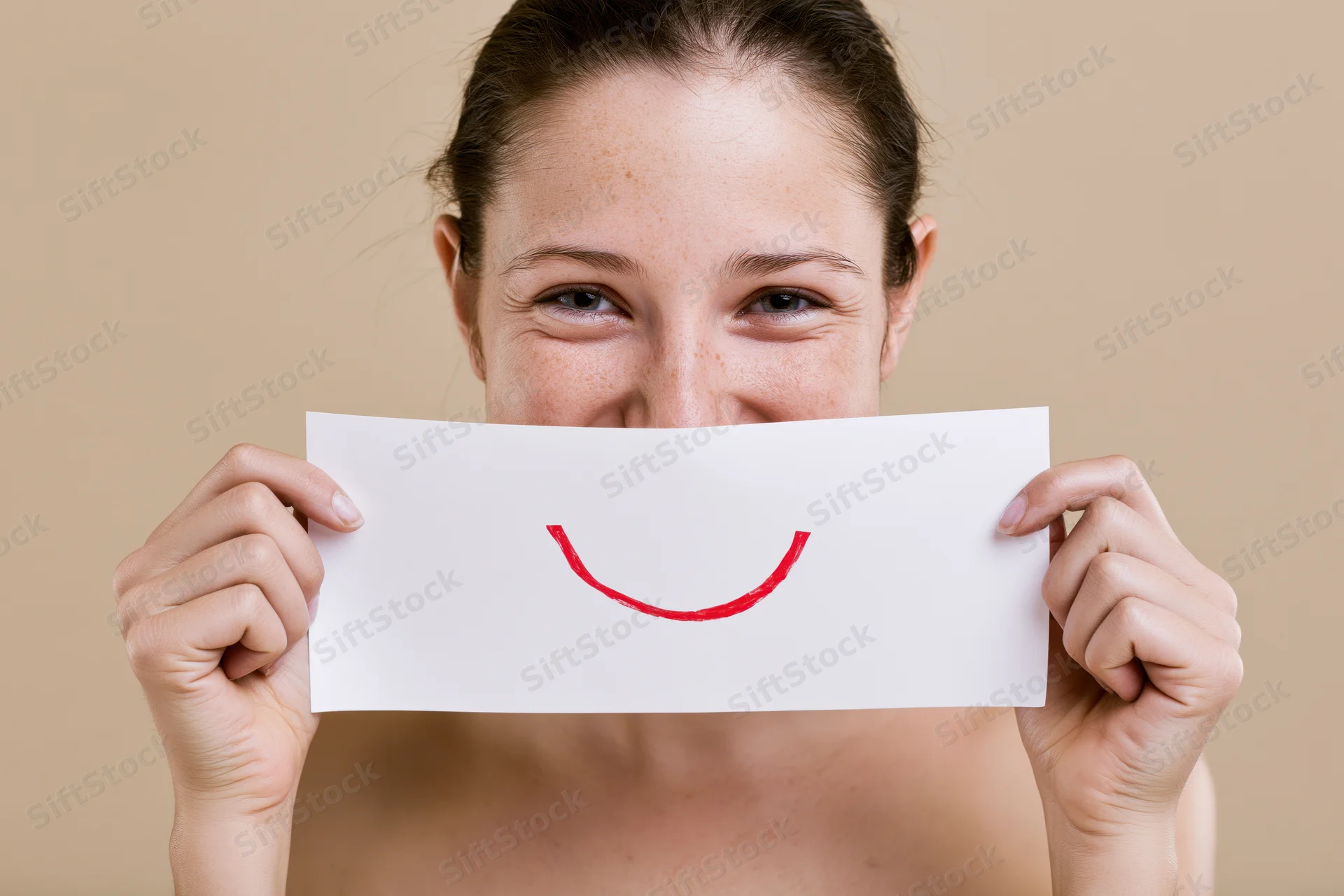 Woman holding white paper with red smile in front of her face, studio shot