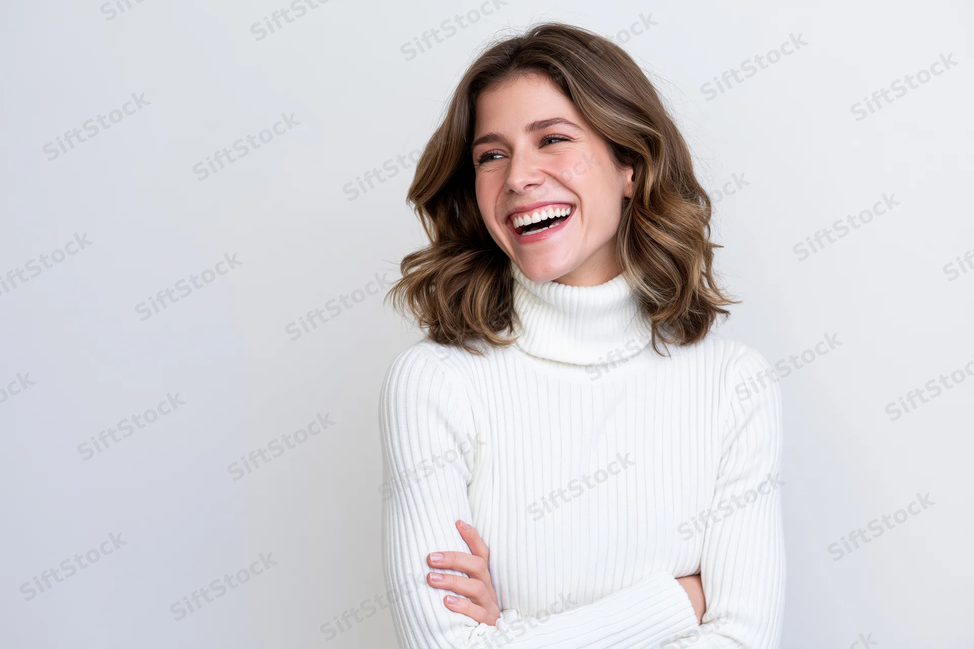 Young woman laughing with arms crossed against white background