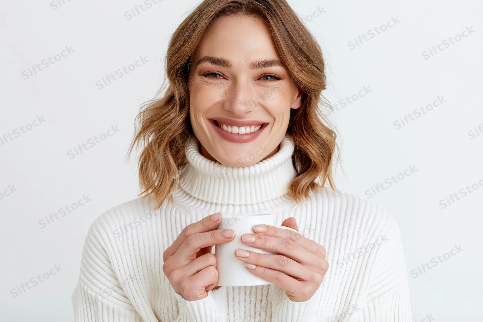 Young woman smiling warmly while holding a white cup in a studio portrait