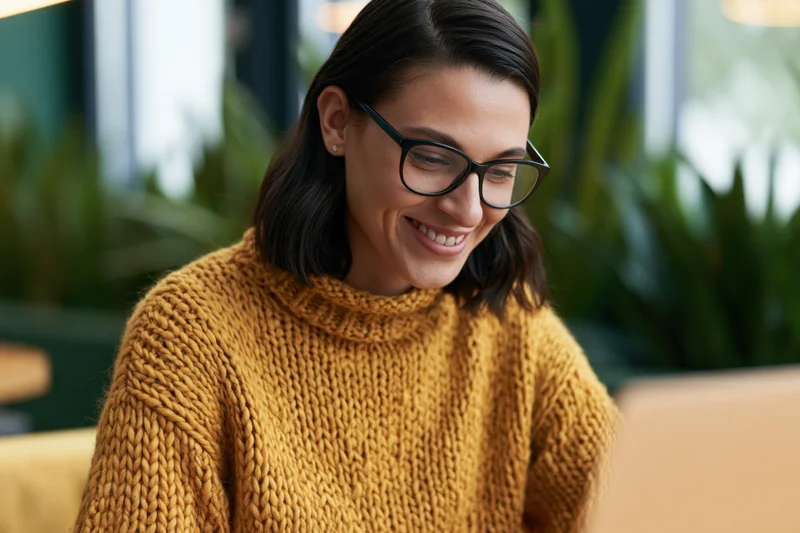 Woman smiling while working on laptop in cozy office space