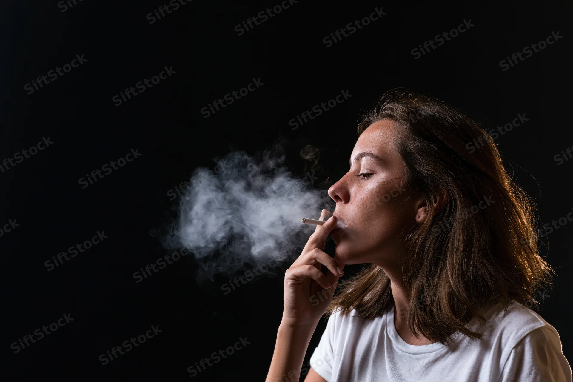 Woman in profile exhaling smoke from a cigarette against a dark background