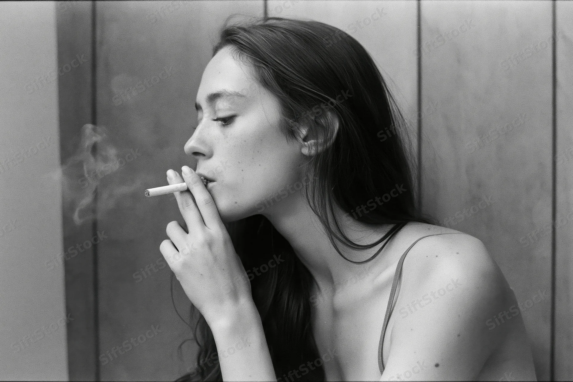 Young woman in profile exhaling cigarette smoke with eyes lowered against a wooden wall