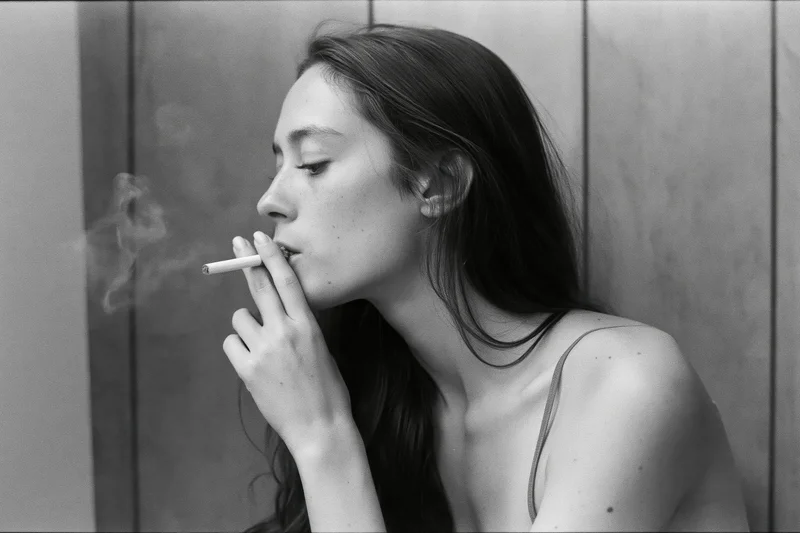Young woman in profile exhaling cigarette smoke with eyes lowered against a wooden wall