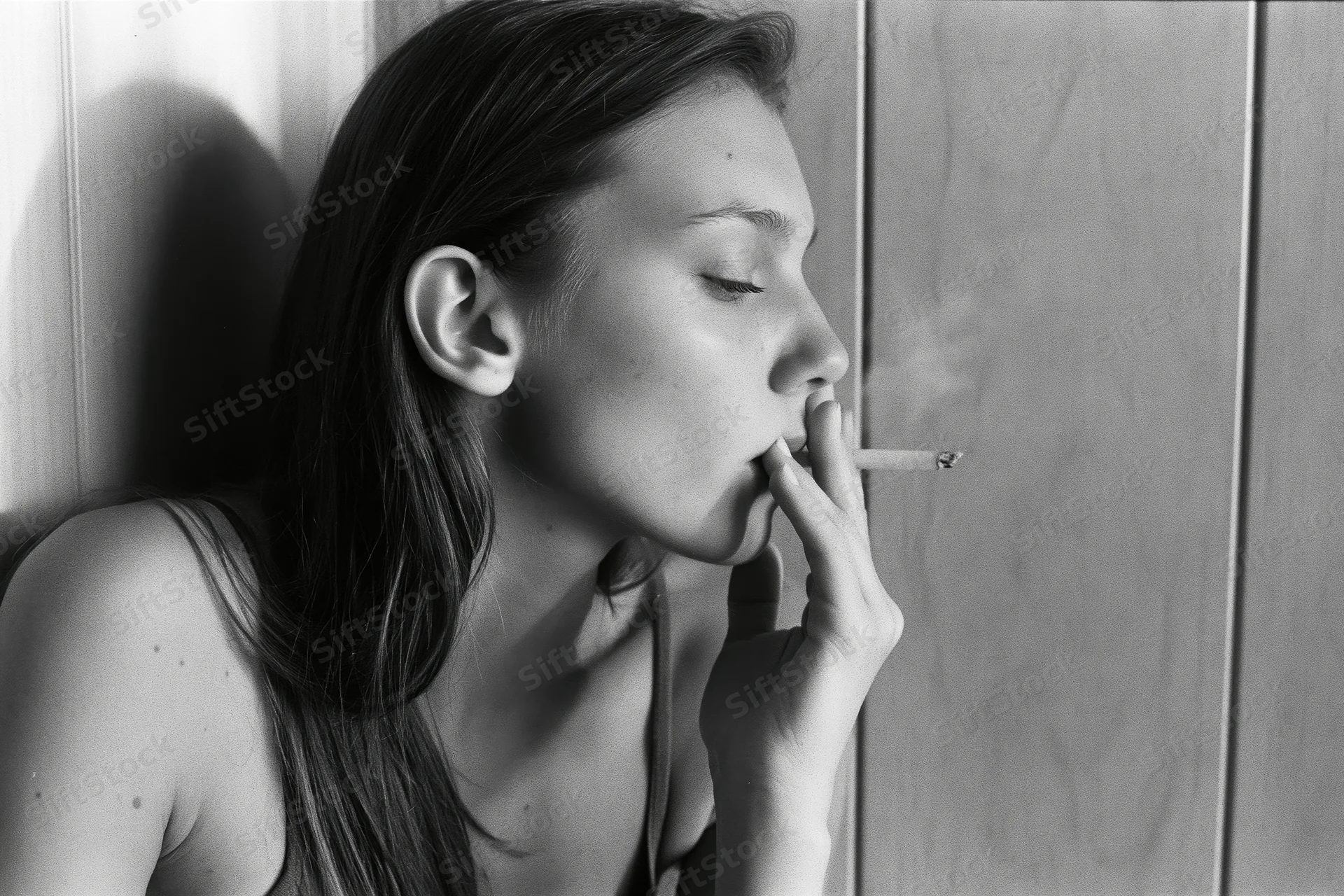 Young woman in profile exhaling cigarette smoke against a wooden wall