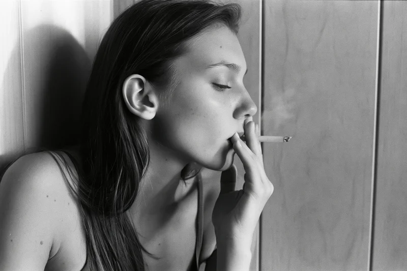 Young woman in profile exhaling cigarette smoke against a wooden wall