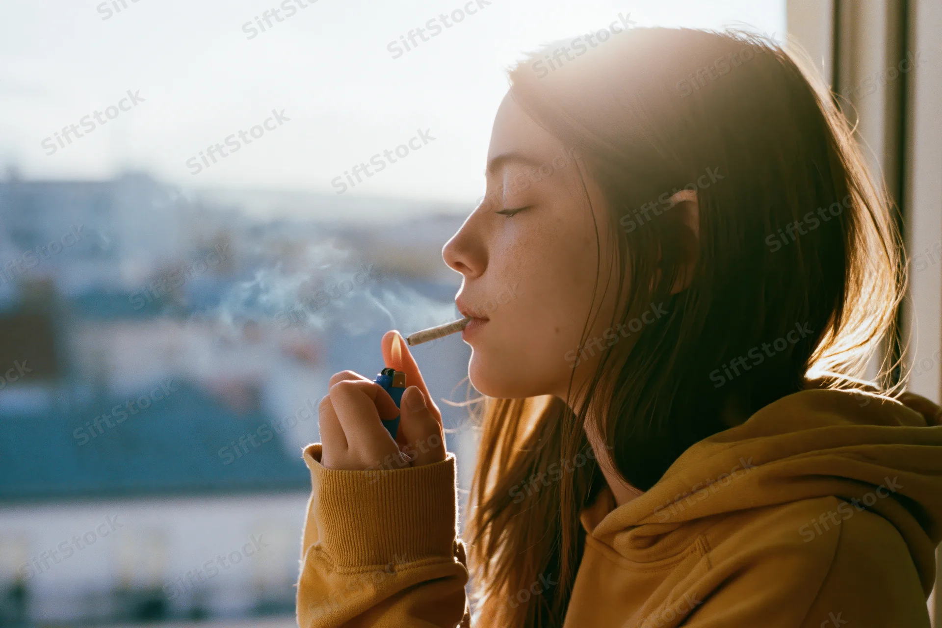 Young woman in profile lighting a hand-rolled cigarette by a window with city view in sunlight