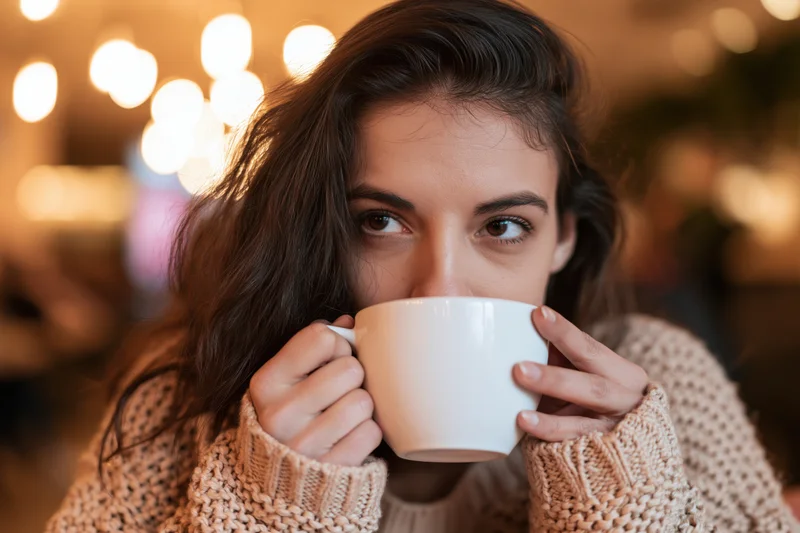 Woman sipping from a large white ceramic cup in a cozy cafe interior