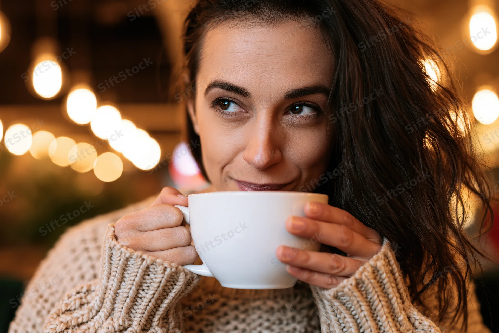 Woman holding a white ceramic cup of coffee in a cozy cafe with warm bokeh lights in the background