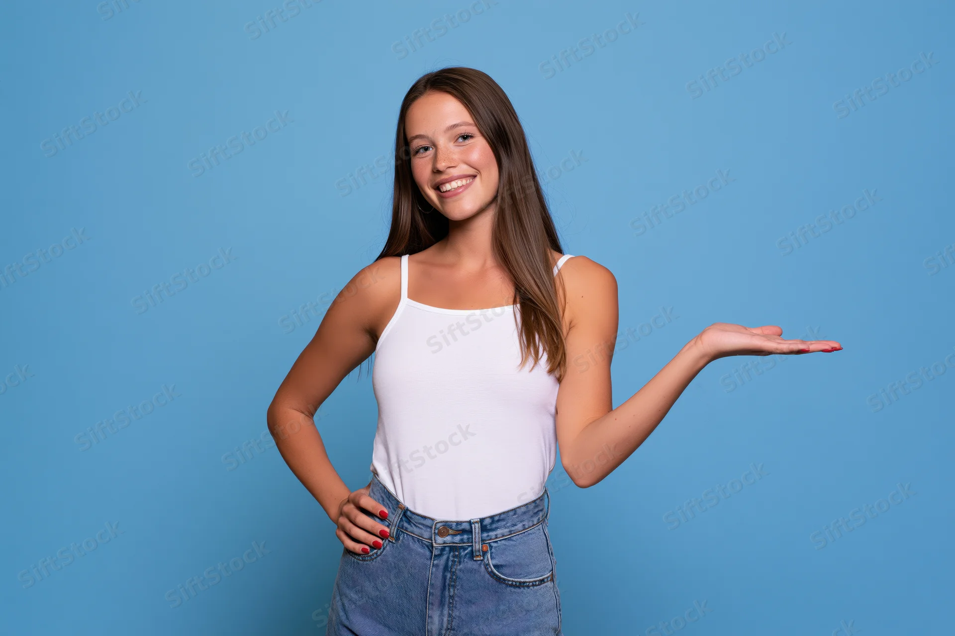 Young woman smiling and presenting an invisible product with hand gesture against blue background