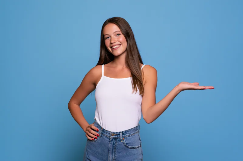 Young woman smiling and presenting an invisible product with hand gesture against blue background