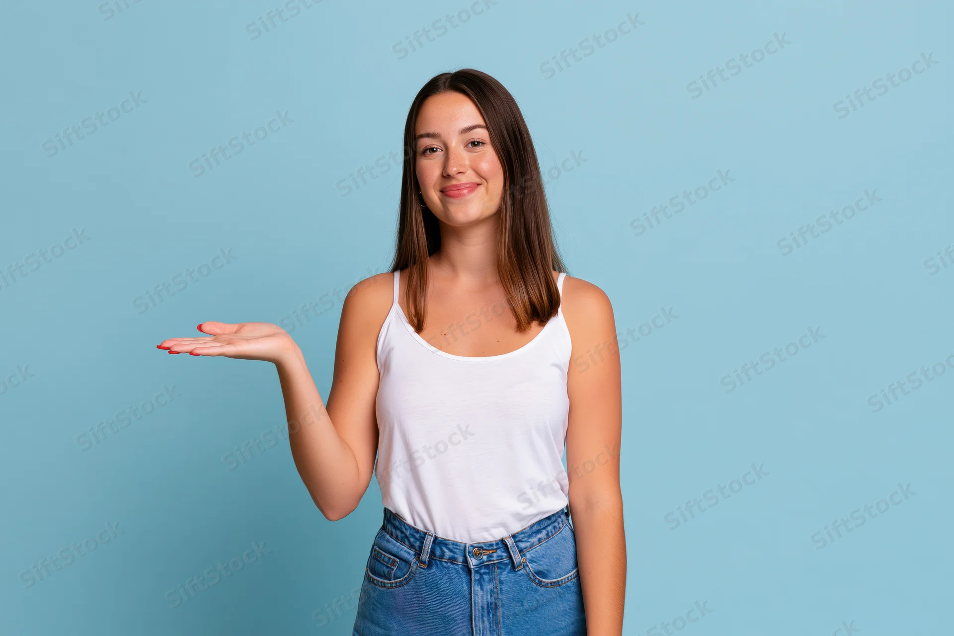 Young woman smiling and presenting an invisible product with open hand against blue background