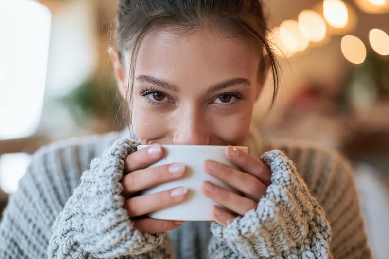 Young woman holding white ceramic mug close to her face, eyes looking at camera, wearing gray knit sweater indoors