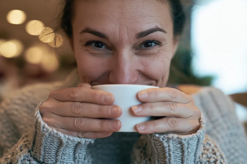 Woman smiling while holding a white ceramic mug indoors