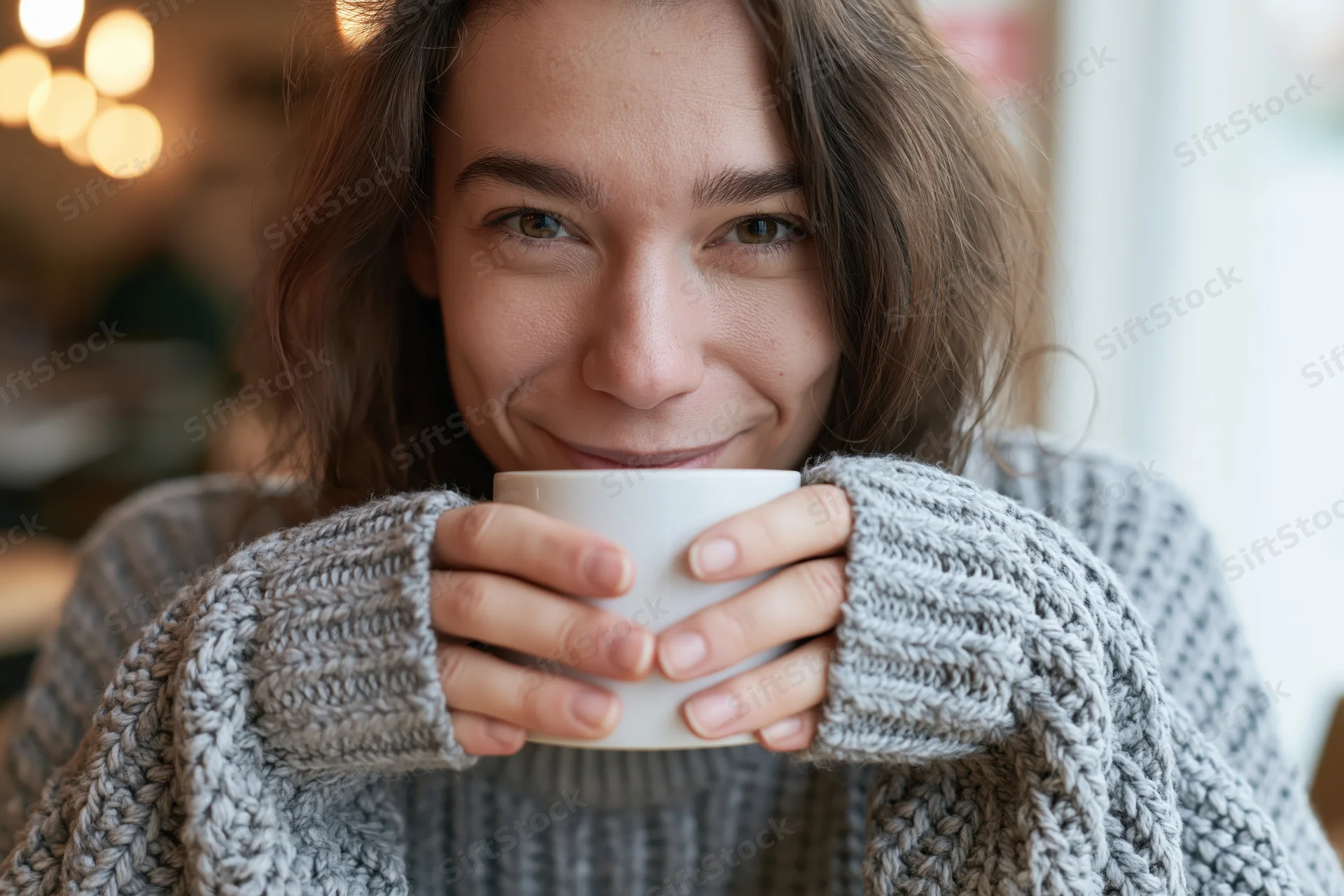 Young woman smiling softly while holding a white ceramic mug in a cozy cafe interior