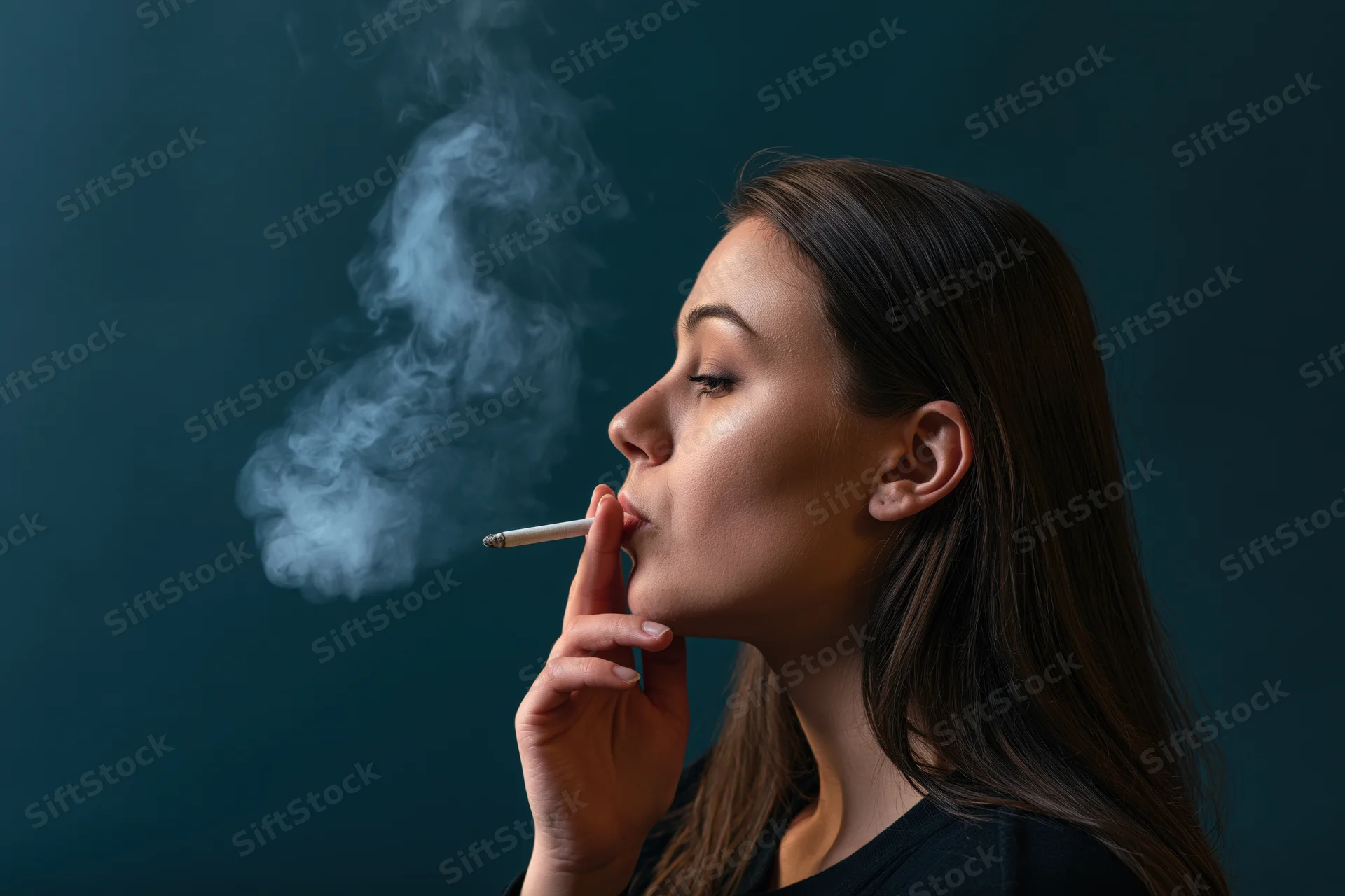 Young woman in profile smoking a cigarette with exhaled smoke against dark background