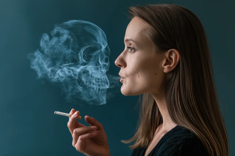 Woman smoking a cigarette in profile with smoke forming a skull shape against a dark background