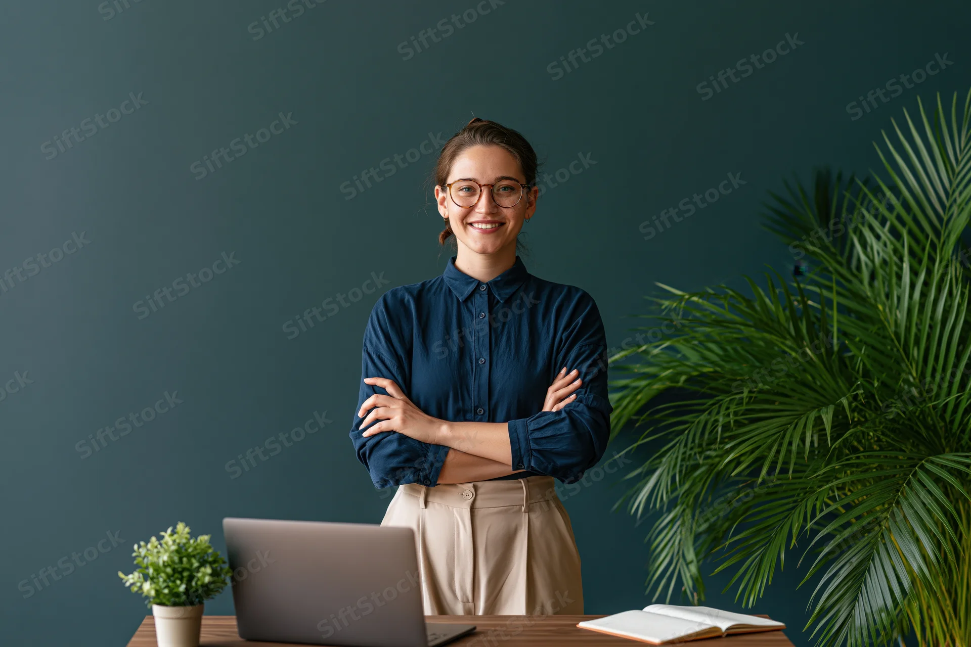 Woman standing behind desk with arms crossed in office workspace
