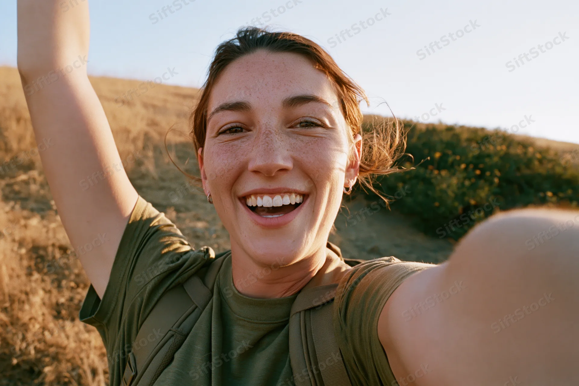 Young woman smiling broadly while taking a selfie on a hill during a hike