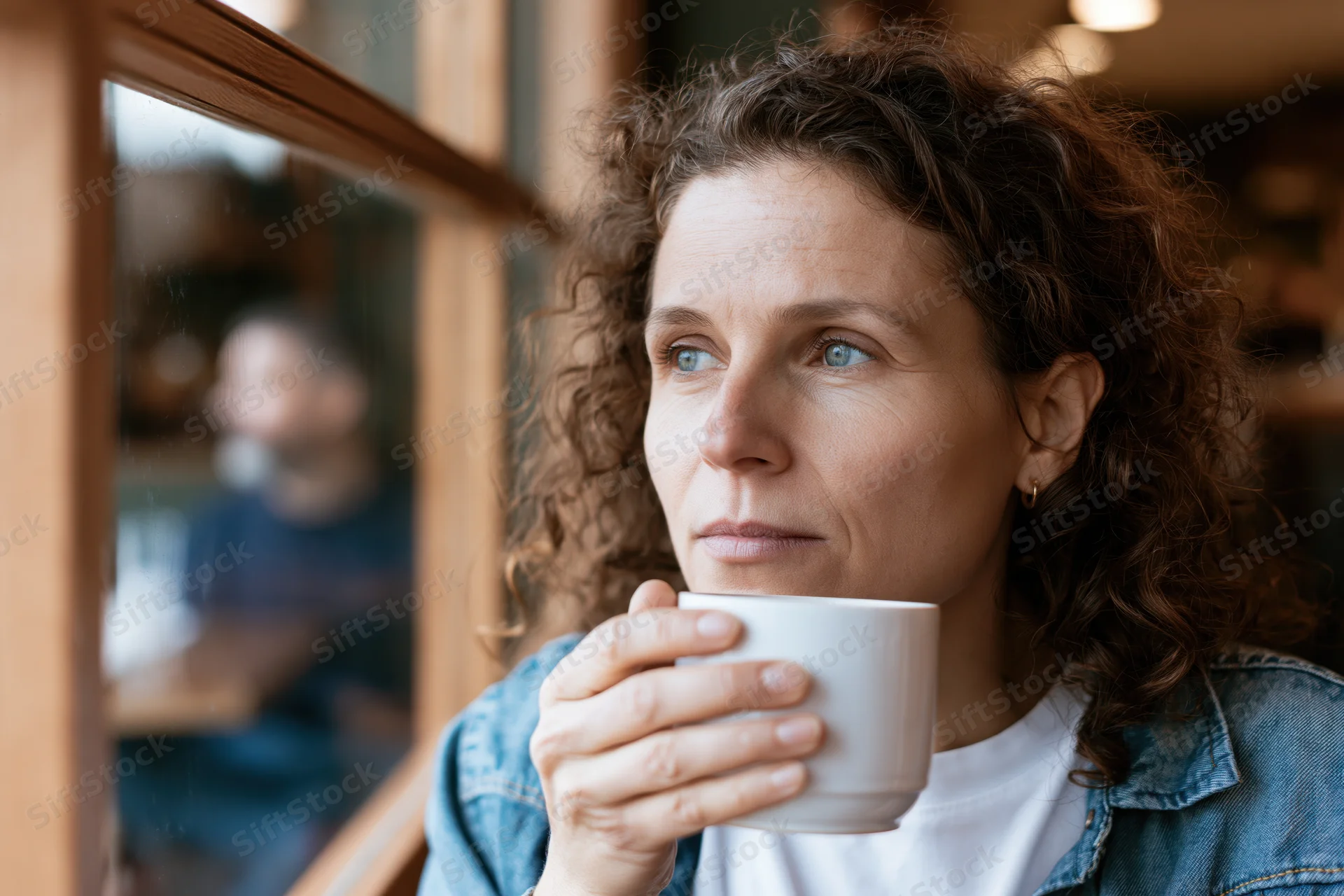Woman holding white mug while gazing out cafe window
