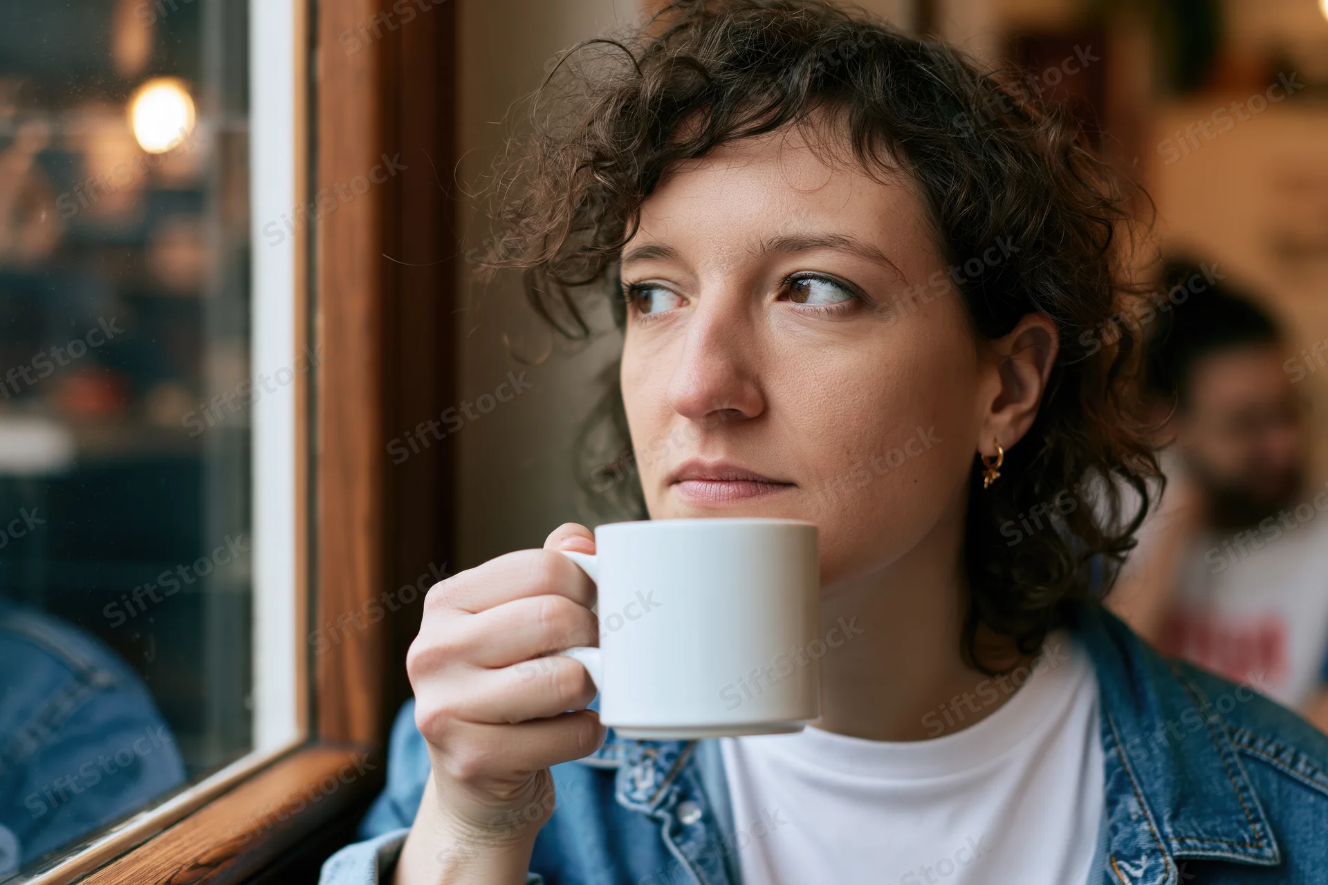 Woman holding white ceramic mug while gazing out window in cafe
