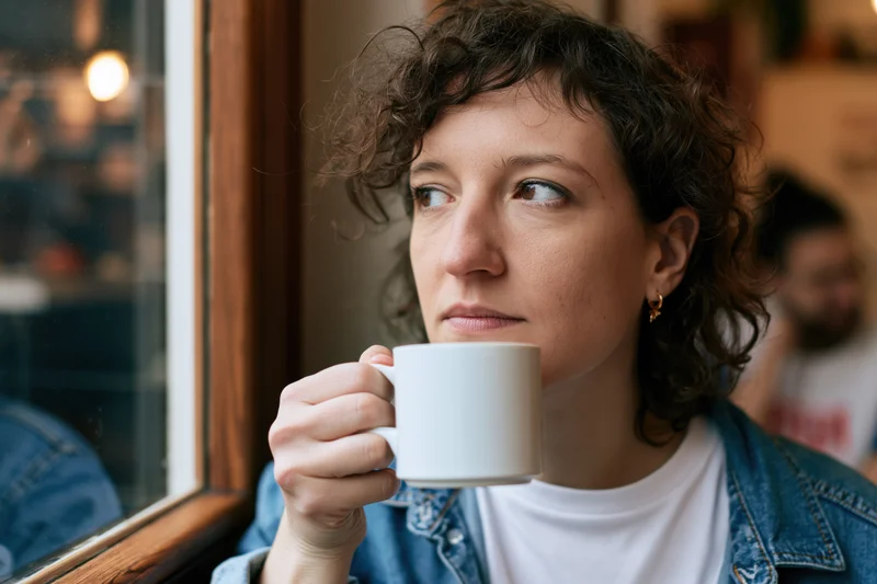 Woman holding white ceramic mug while gazing out window in cafe