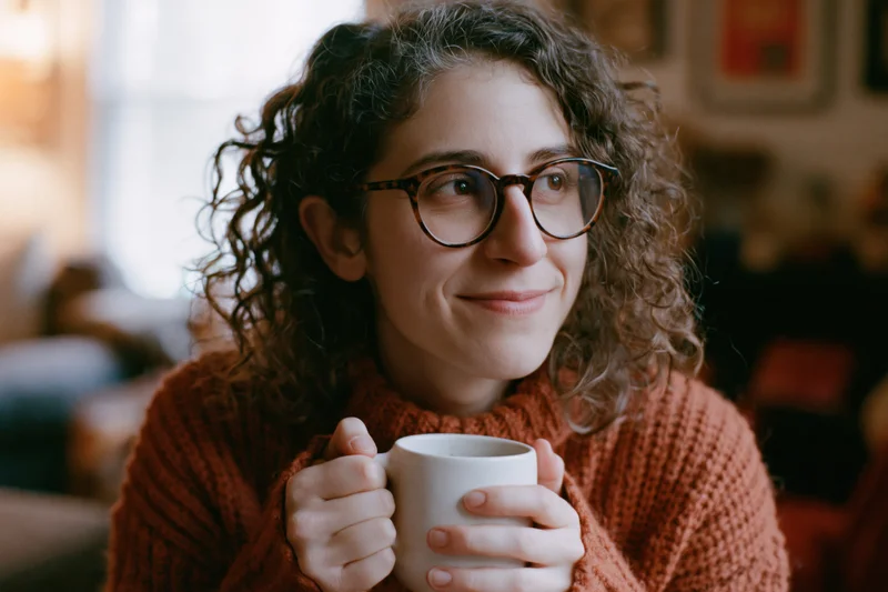 Woman with curly hair and glasses smiling softly while holding a white mug indoors