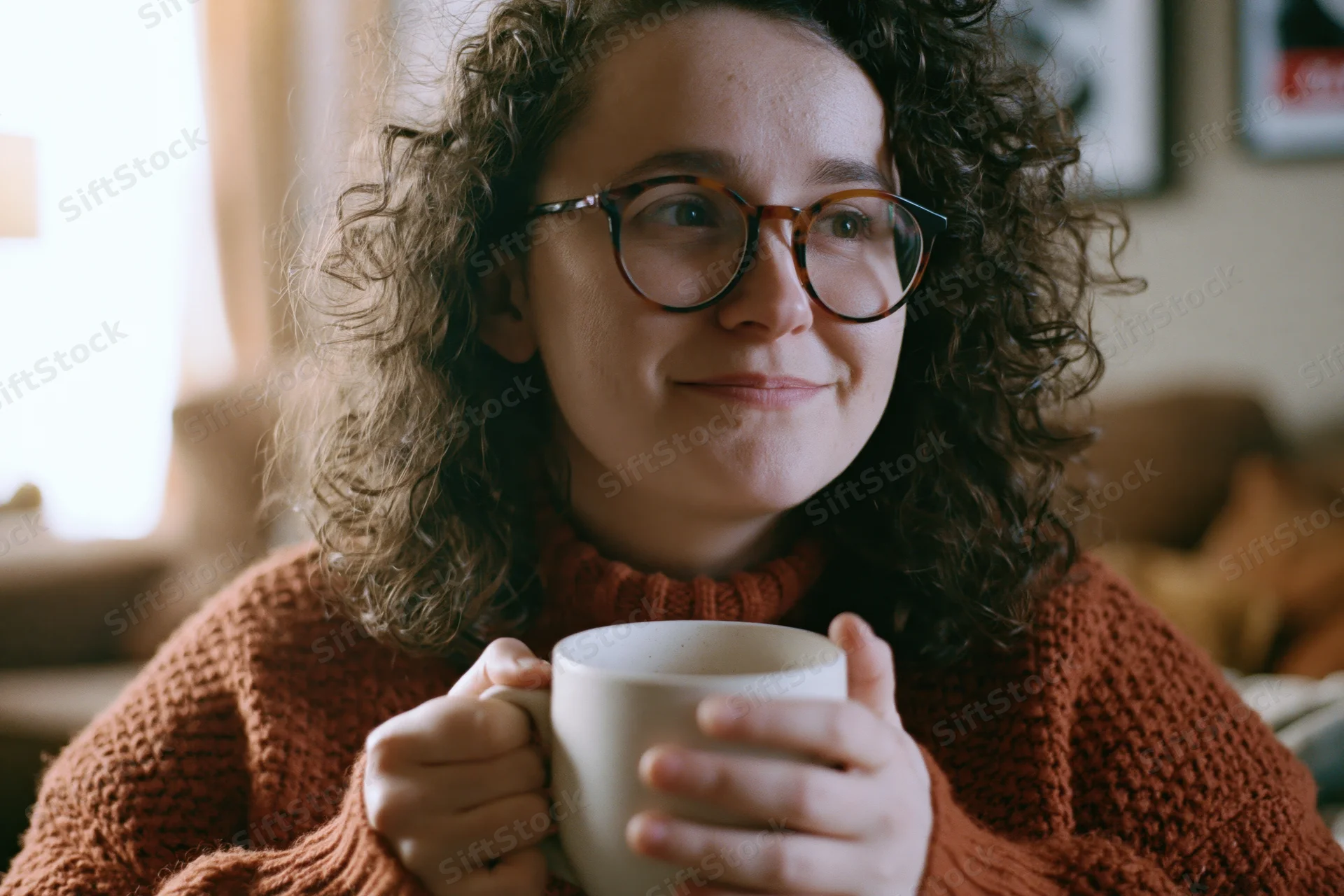 Young woman with curly hair and glasses smiling softly while holding a mug indoors