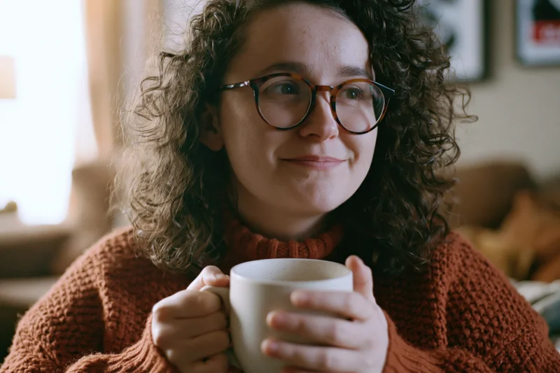 Young woman with curly hair and glasses smiling softly while holding a mug indoors