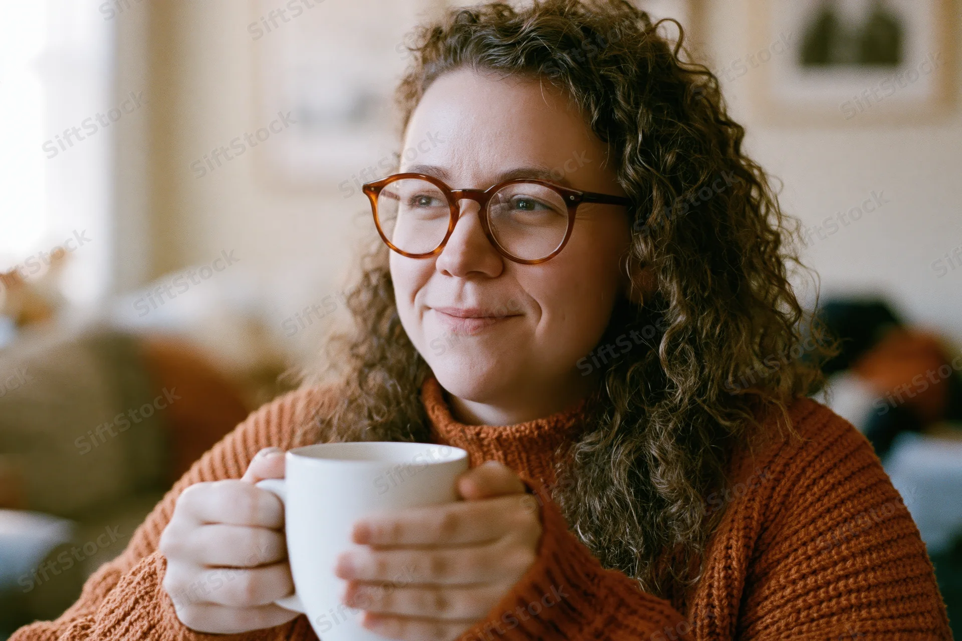 Woman with curly brown hair smiling softly while holding a white mug indoors