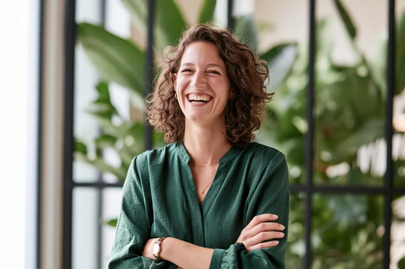 Woman laughing with arms crossed in front of window with green plants