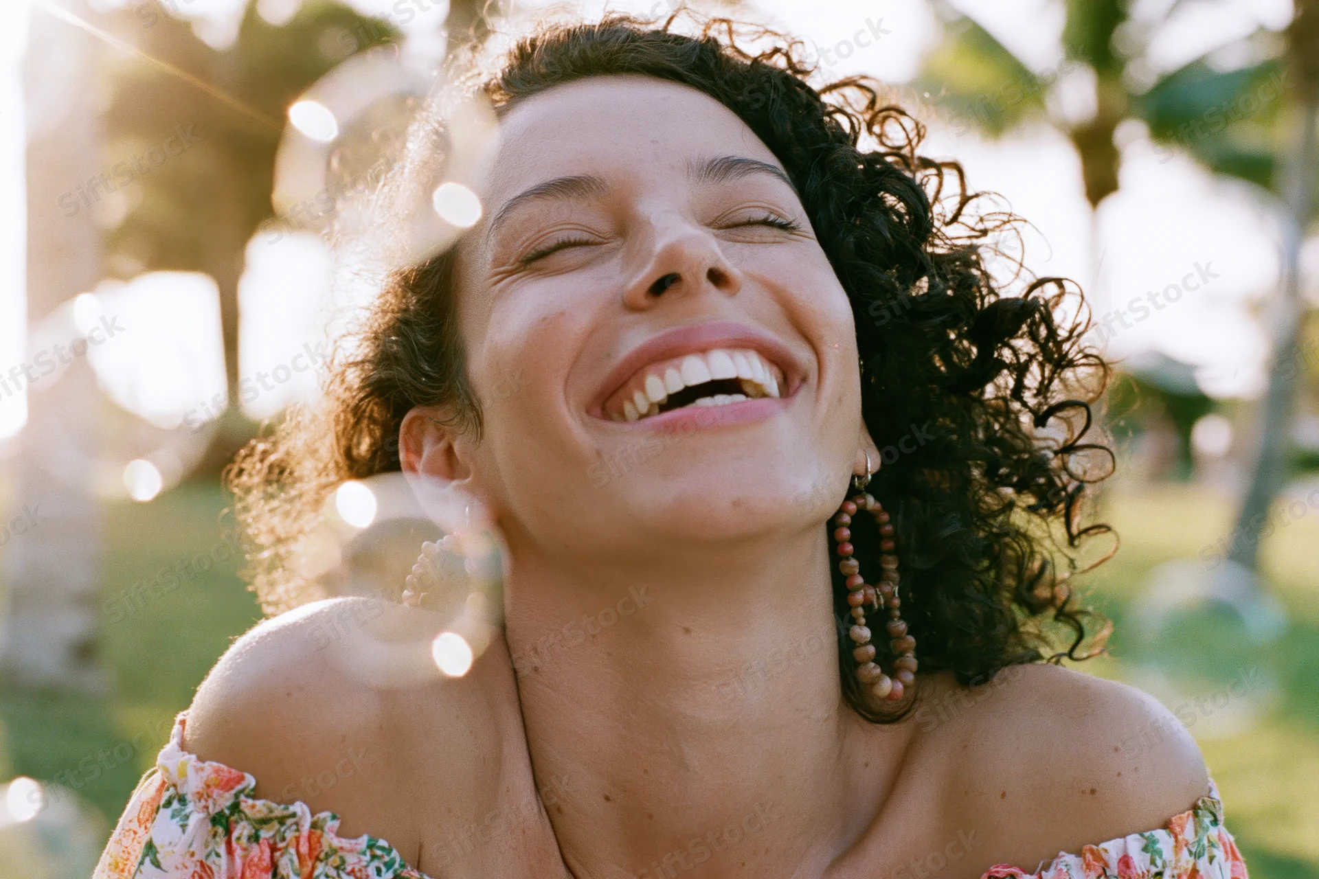 Woman laughing with eyes closed in sunlight outdoors