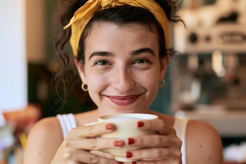 Young woman smiling while holding a coffee cup in a cafe