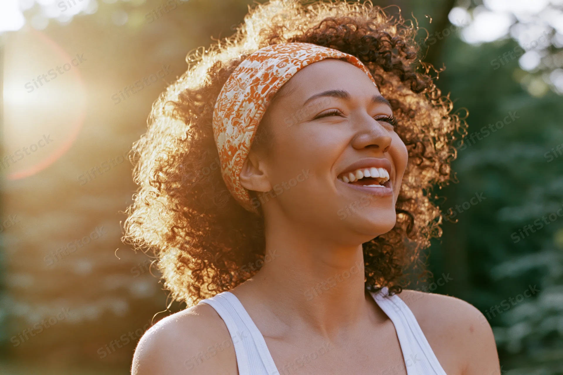 Young woman laughing with curly hair in sunlight outdoors