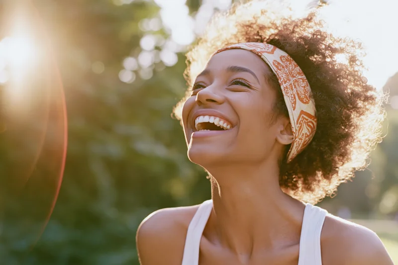 Young woman laughing openly with curly hair in sunlight at park