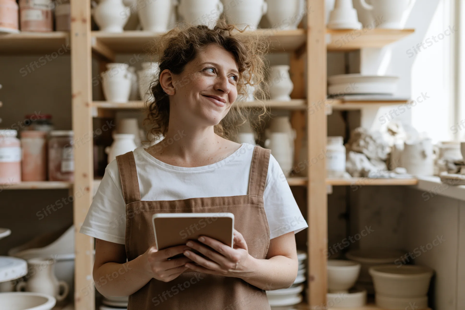 Woman in apron holding tablet in pottery studio with shelves of ceramics behind her