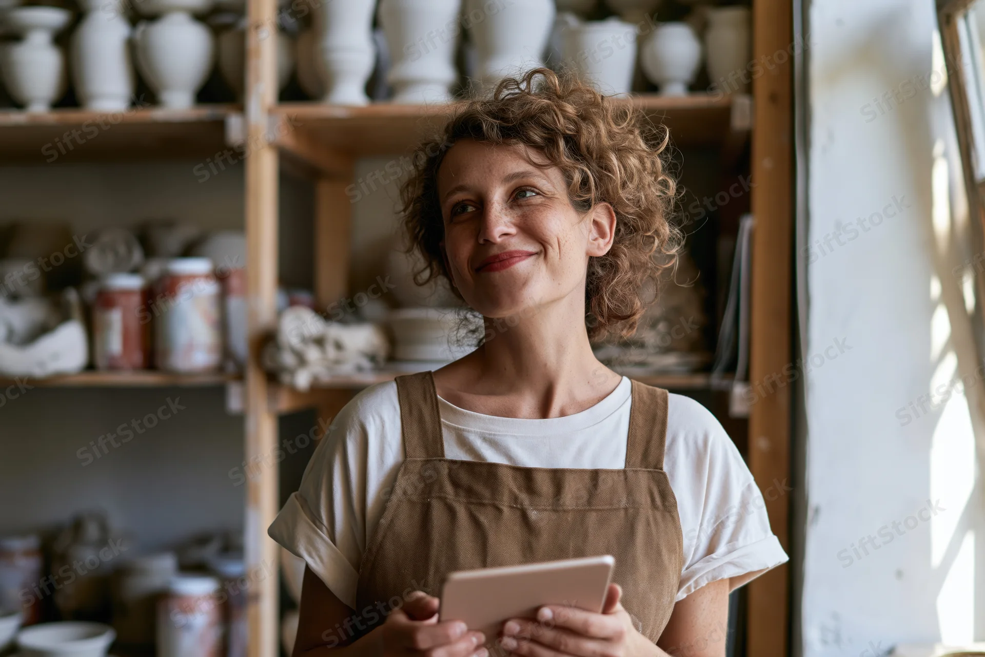 Woman in apron holding tablet in pottery studio smiling