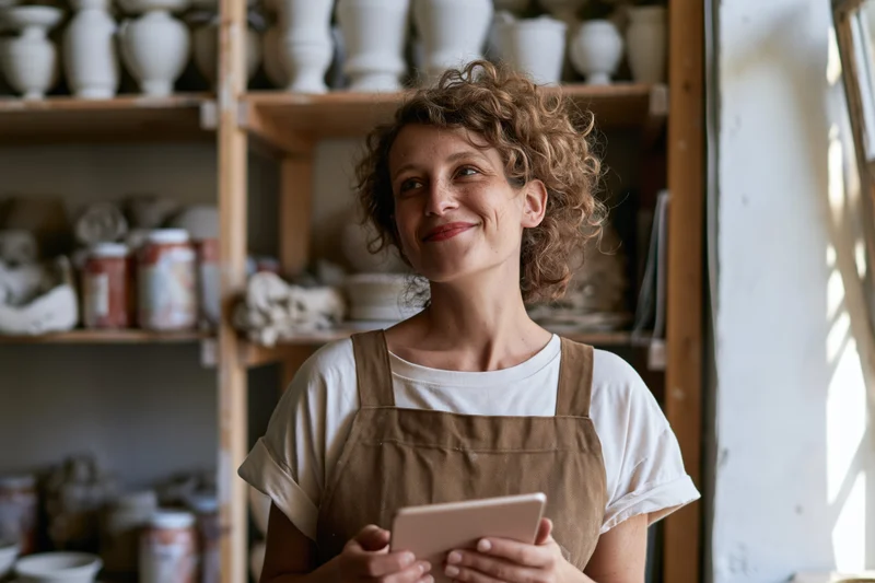 Woman in apron holding tablet in pottery studio smiling
