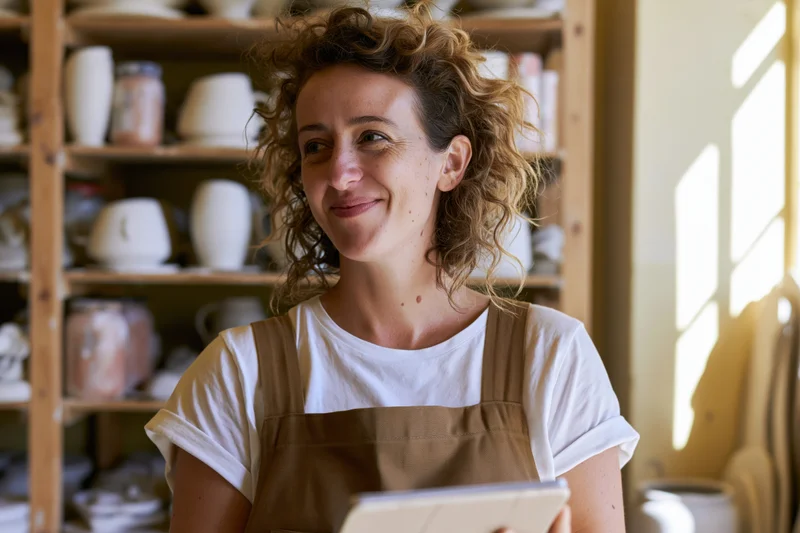 Woman in apron holding tablet in pottery studio with shelves of ceramics behind her